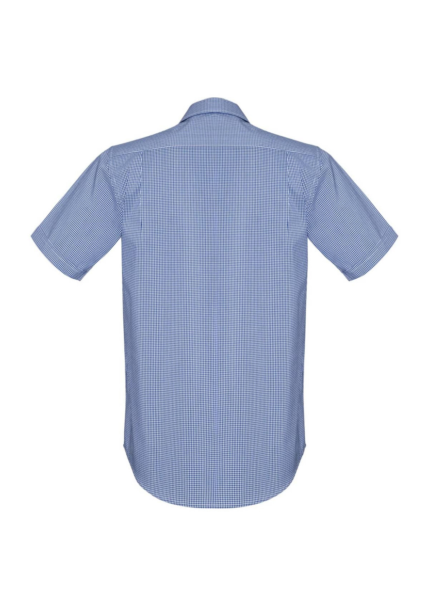 A short sleeve button-up shirt in blue with a checkered pattern, featuring a rear view design.
