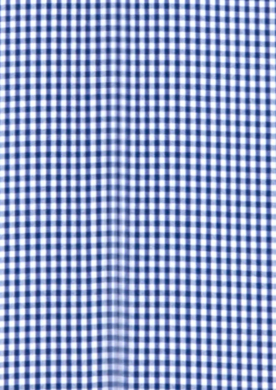 A blue and white gingham patterned fabric, featuring a checkered design suitable for a button-up shirt.