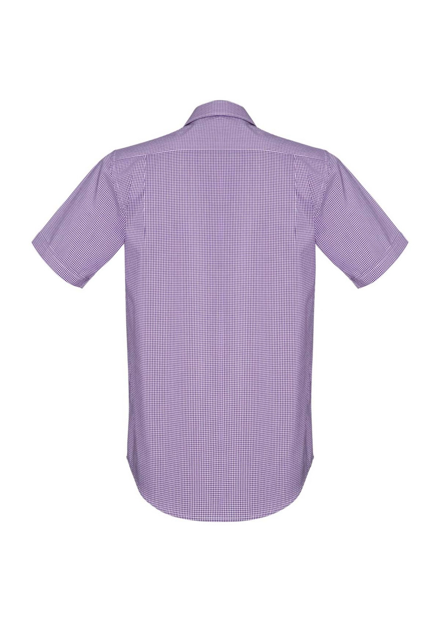 A short-sleeve men's button-up shirt in purple with a checkered pattern and a logo on the back.