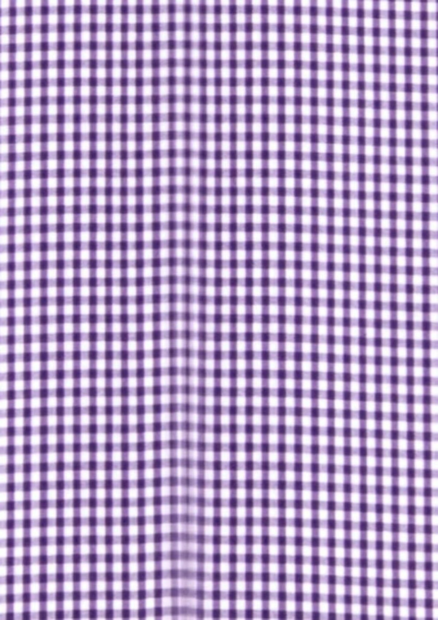 A purple and white gingham patterned fabric, suitable for a men's short sleeve button-up shirt. Features a logo.