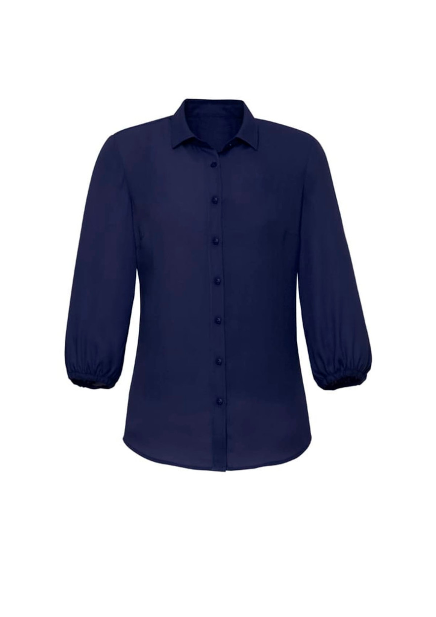 Navy women's blouse with 3/4 sleeves and a button-up front design. Features a collar and gathered sleeve details.