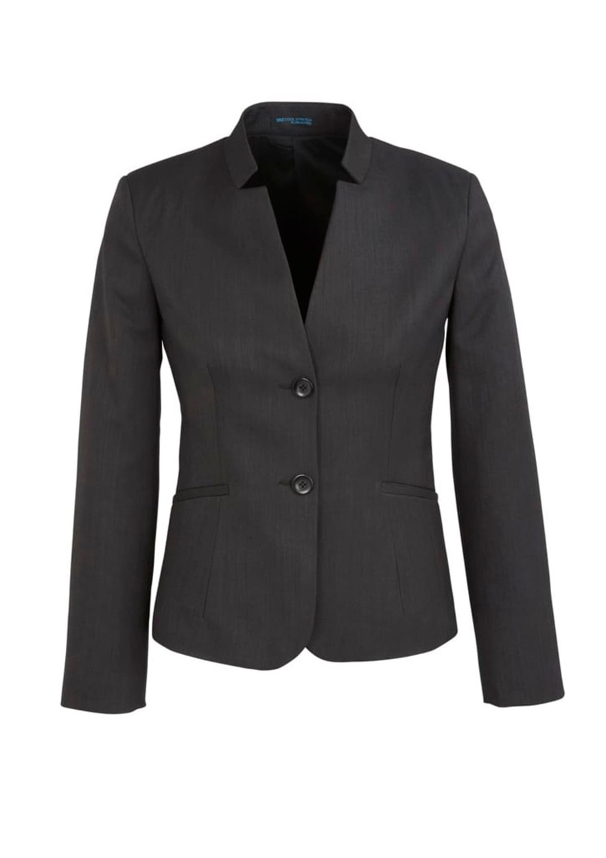 A black women's short jacket with a reverse lapel and two buttons, featuring a clean and structured design.