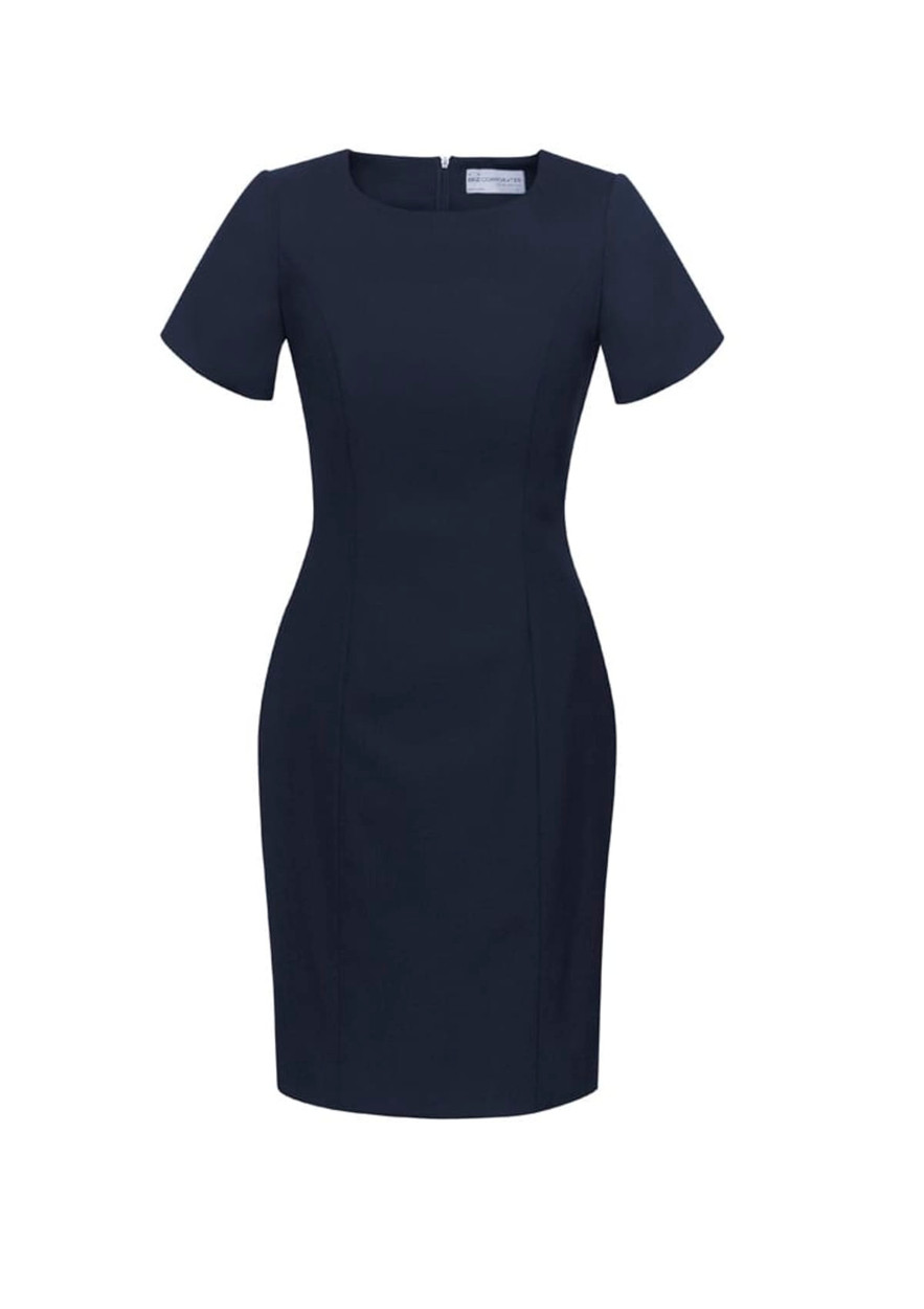 A fitted navy short sleeve shift dress with a round neckline and a back zipper. Features a logo on the label.