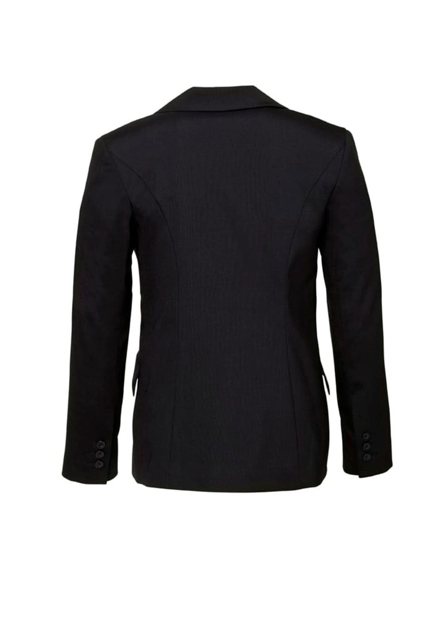 A black women's longline jacket, featuring a tailored fit and buttons on the sleeves. It includes a logo.