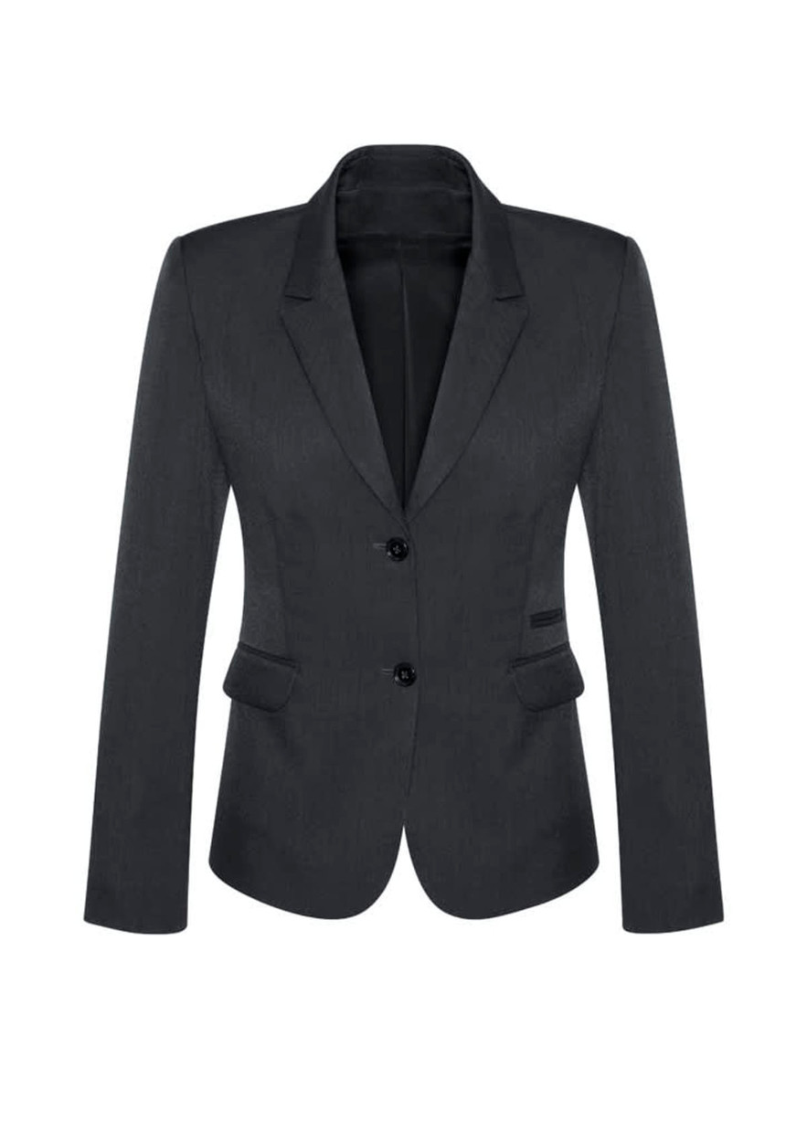 A women's mid-length jacket in dark grey, featuring a two-button closure and a fitted silhouette.