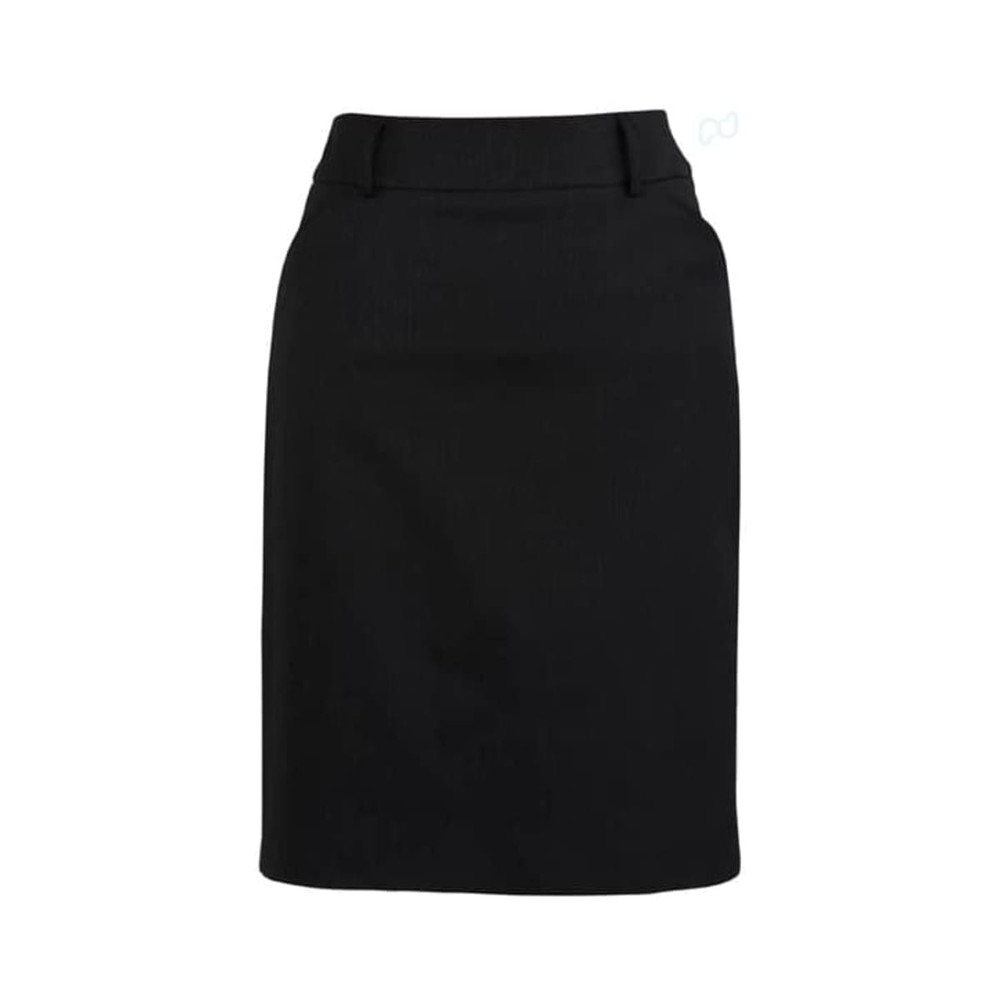 A black multi-pleat skirt with a fitted waistband, featuring a logo. Suitable for various occasions.