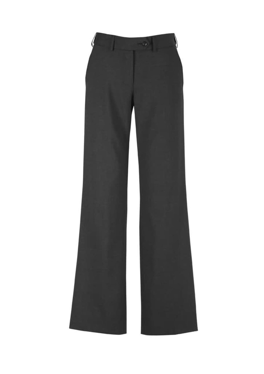 Women's comfort wool stretch adjustable waist pants in grey, featuring a wide-leg design. Includes a logo.