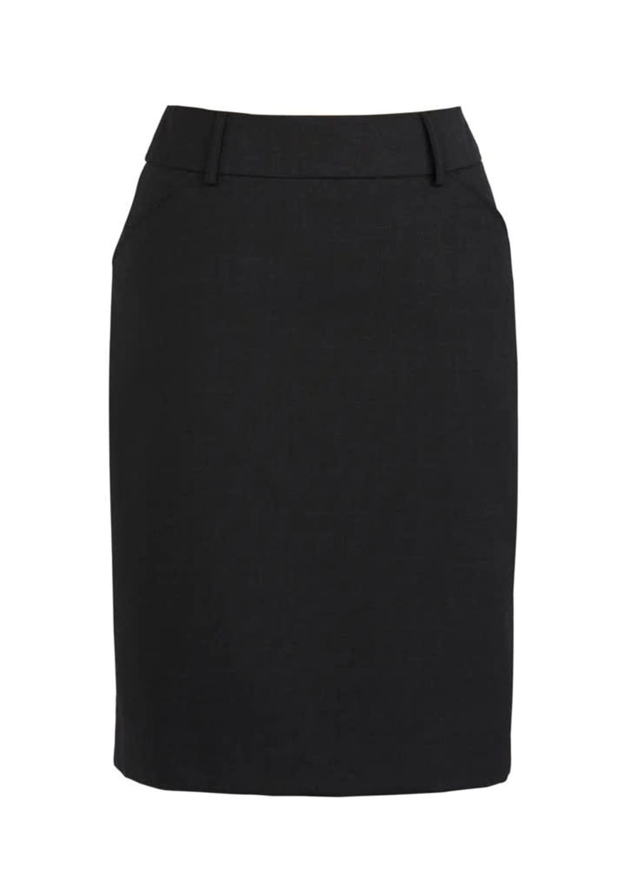 A black wool stretch skirt with a multi-pleat design and pockets, featuring a waistband and a sleek silhouette.