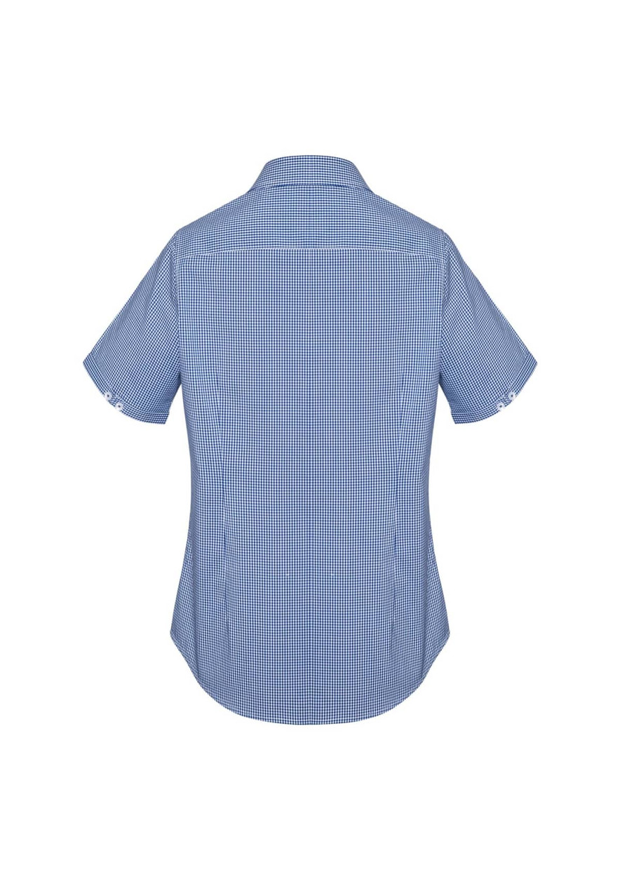 A short-sleeve button-up shirt in a blue checkered pattern with a back yoke and rolled sleeves.