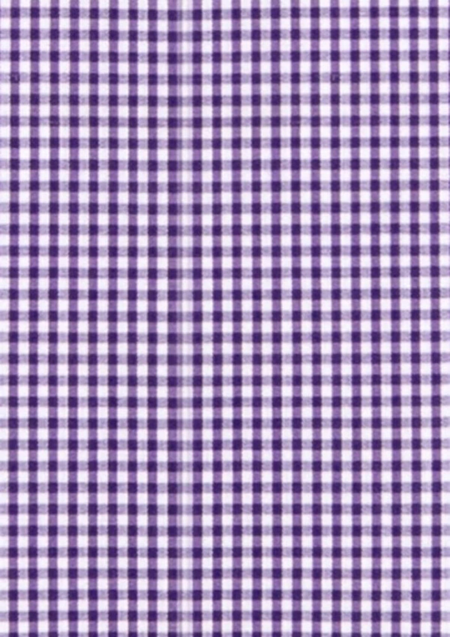 A purple and white gingham pattern fabric, featuring a classic check design. The fabric is suitable for shirts.