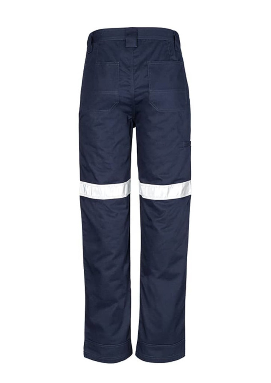 Navy utility pants with reflective tape accents, featuring multiple pockets and a back view. Equipped with a logo.
