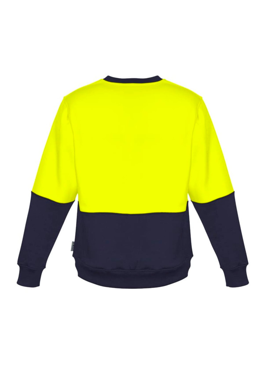 A unisex hi-vis crew sweatshirt featuring a bright yellow top section and a navy bottom section, with a logo.
