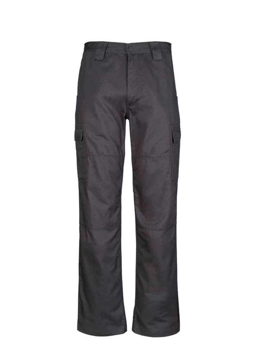 Midweight drill cargo pants in dark grey, featuring multiple pockets and a relaxed fit. Includes a logo.