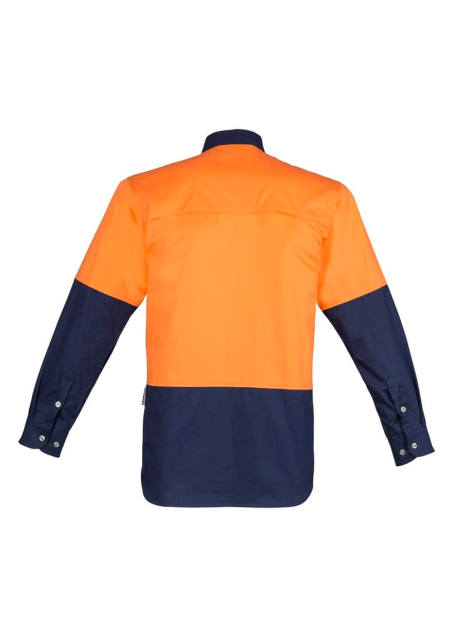 A long sleeve work shirt in orange and navy blue, featuring a logo on the back. Suitable for industrial workwear.