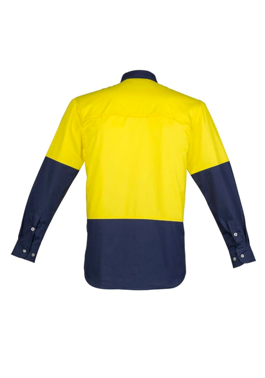 Long sleeve work shirt featuring a bright yellow upper and navy blue lower section, with a logo on the front.