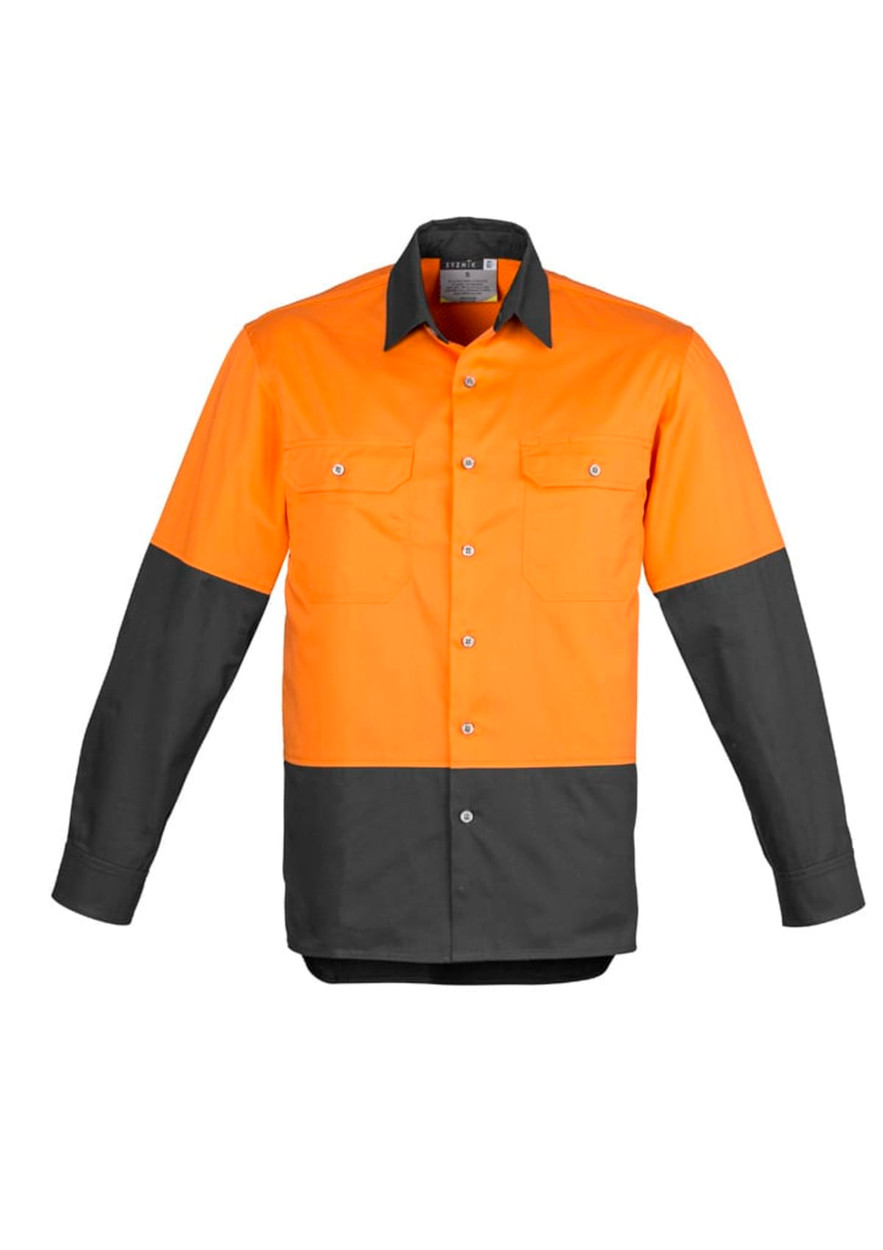 A long sleeve work shirt in orange and grey, featuring two front pockets and a branded logo.