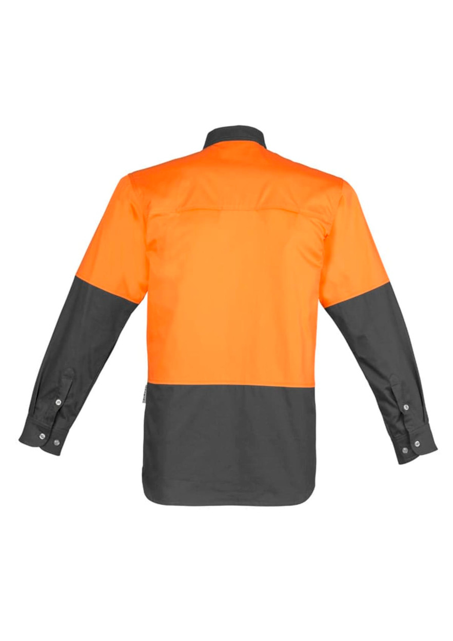 A long sleeve work shirt in orange and black with a logo, featuring contrasting panel design at the back.