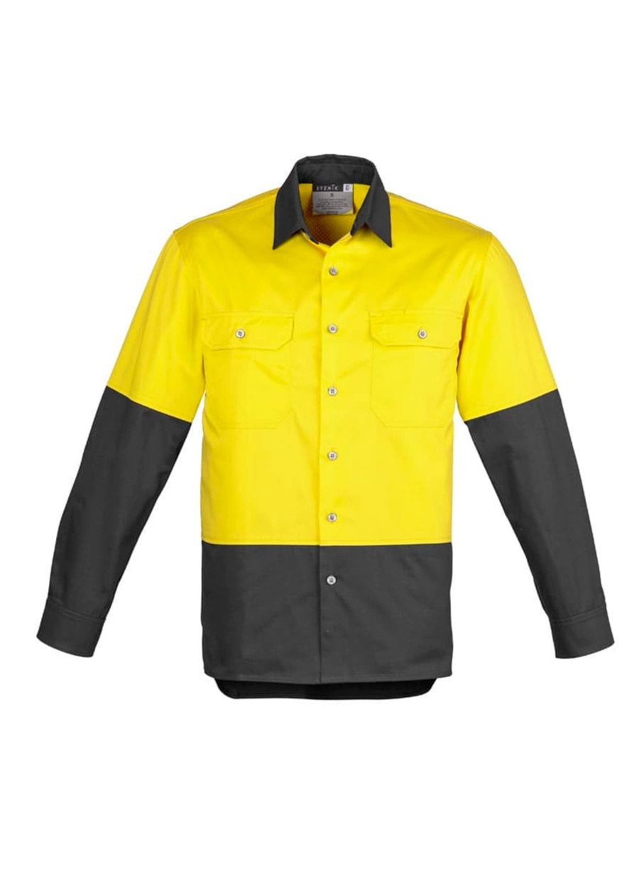 A long sleeve work shirt featuring a bright yellow upper section and dark grey lower section, with two chest pockets and a logo.