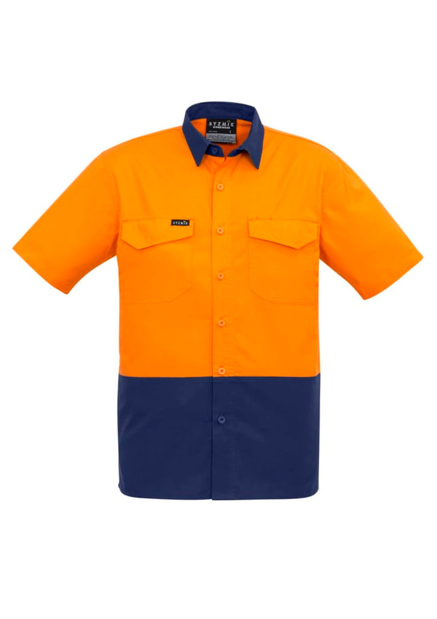 A short sleeve work shirt featuring an orange upper and navy blue lower section, with a logo and two chest pockets.