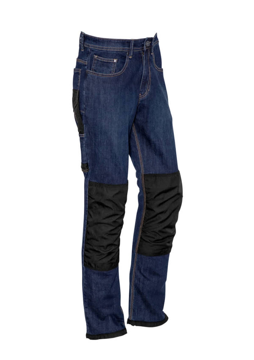 A pair of men's CORDURA® stretch denim work jeans in dark blue with black panels and reinforced knees.