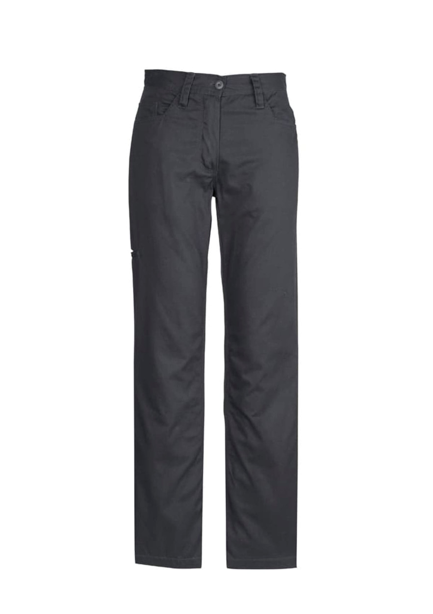 A pair of women's plain utility pants in black, featuring a logo and multiple pockets.