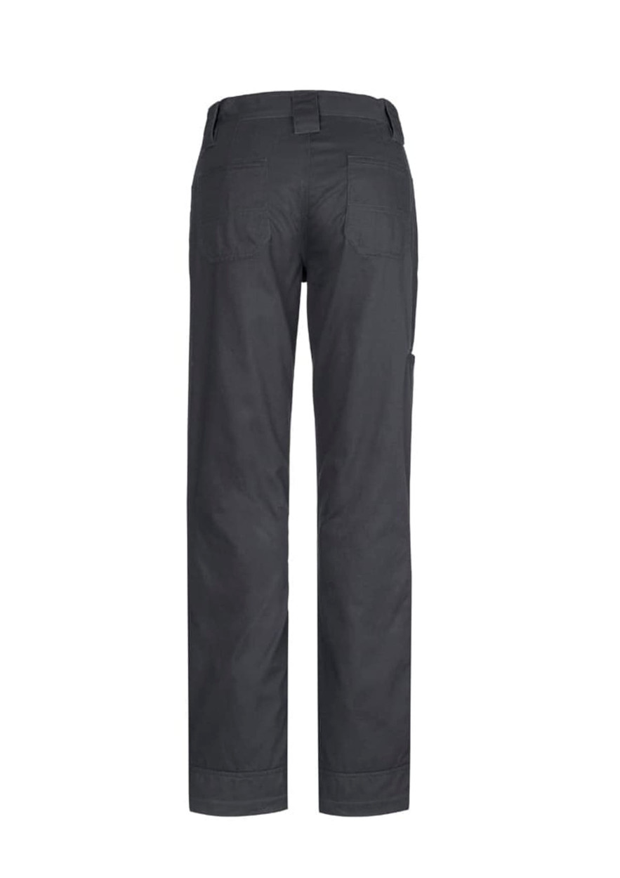A pair of women's plain utility pants in dark grey, featuring back pockets and a side pocket.