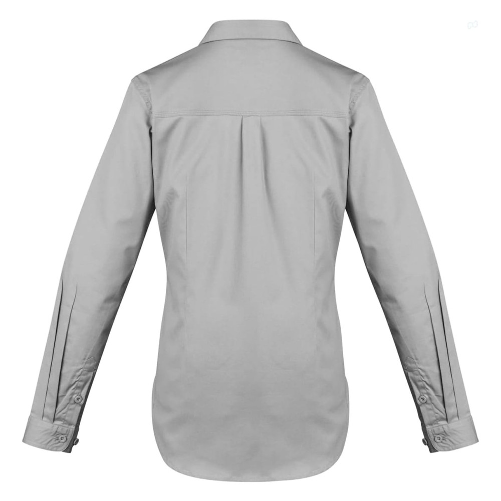 A grey women's lightweight long sleeve work shirt with a collar and buttoned cuffs. It features a logo on the back.