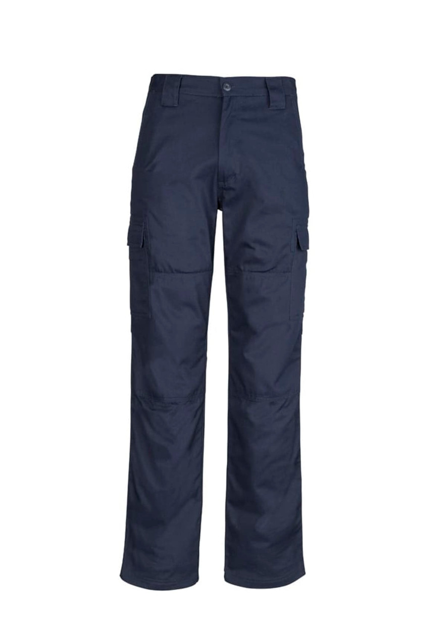 Midweight drill cargo pants in navy blue with a logo, featuring multiple pockets and a relaxed fit.