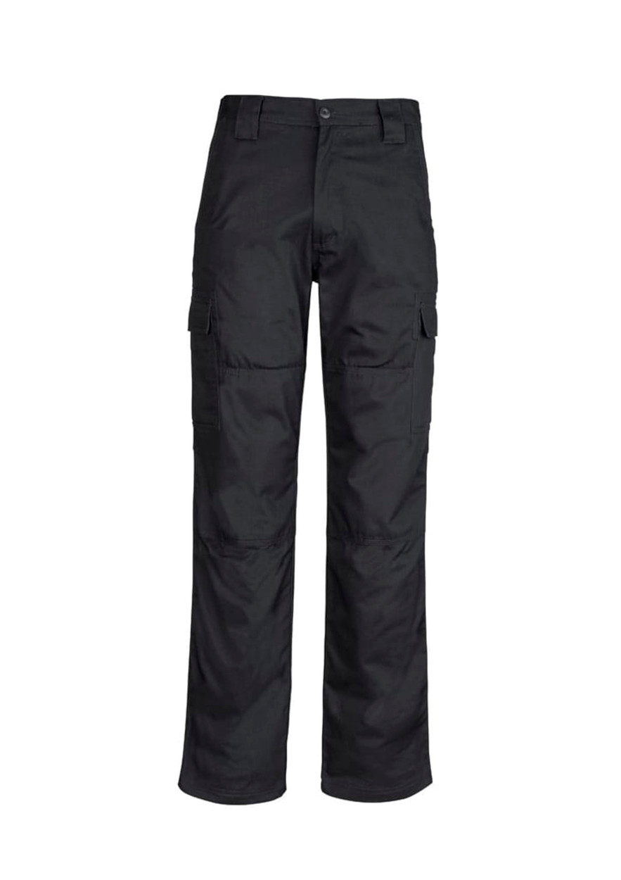 Men's midweight drill cargo pants in black, featuring multiple pockets and a straightforward design. Includes a logo.