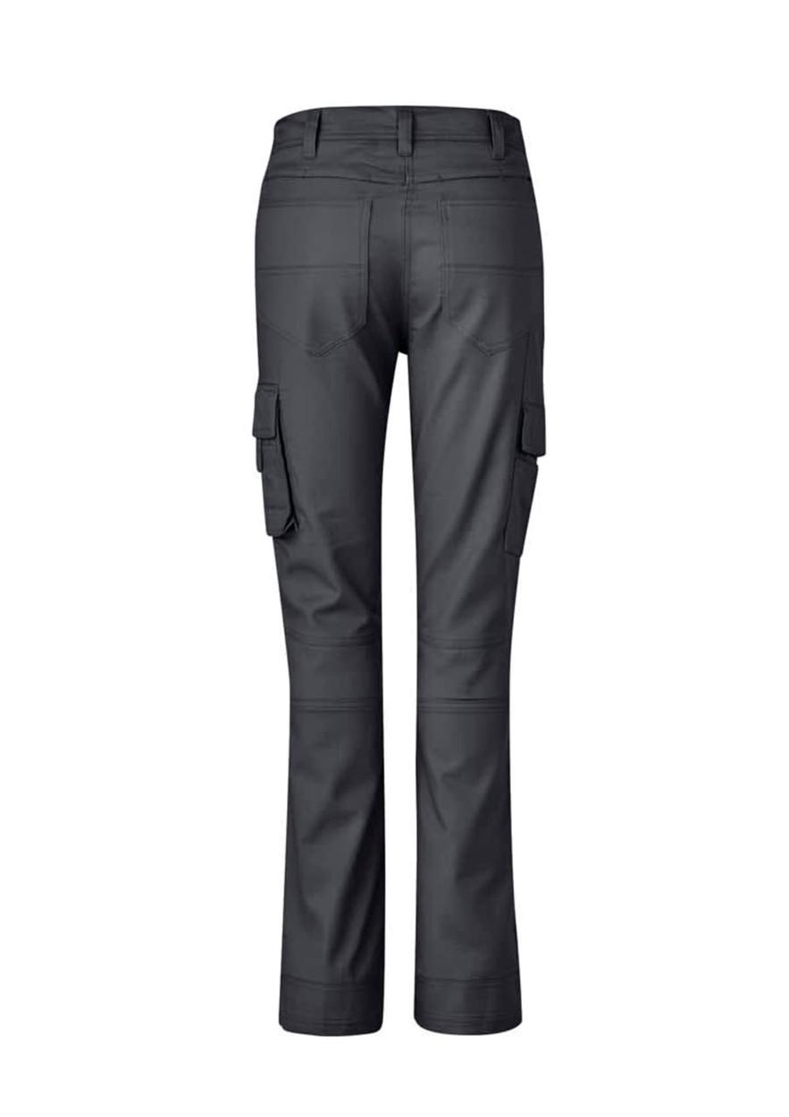 A pair of women's rugged cooling cargo pants in dark grey, featuring multiple side pockets and a fitted design.