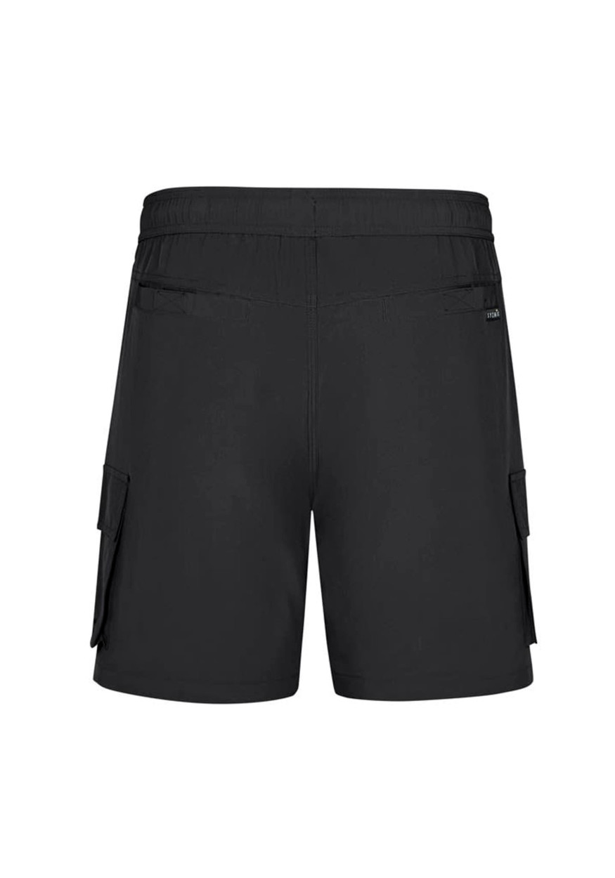 Black sports shorts with a relaxed fit, featuring cargo pockets and an elastic waistband. Includes branding on the side.