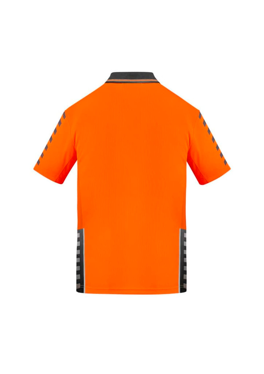 An orange short sleeve polo shirt with a logo, featuring black detailing on the shoulders and sides.