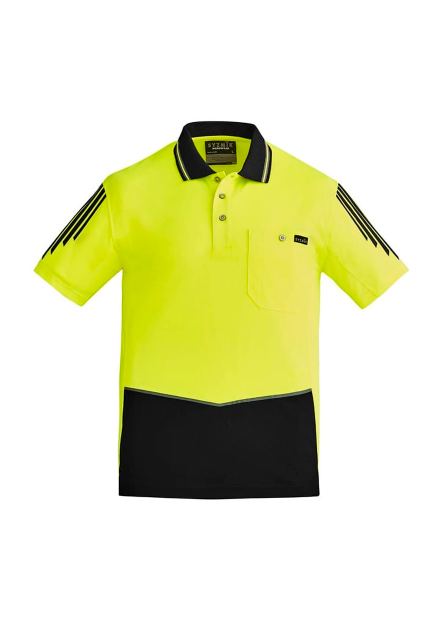 A short sleeve polo shirt in high visibility yellow with black accents and a logo on the chest.