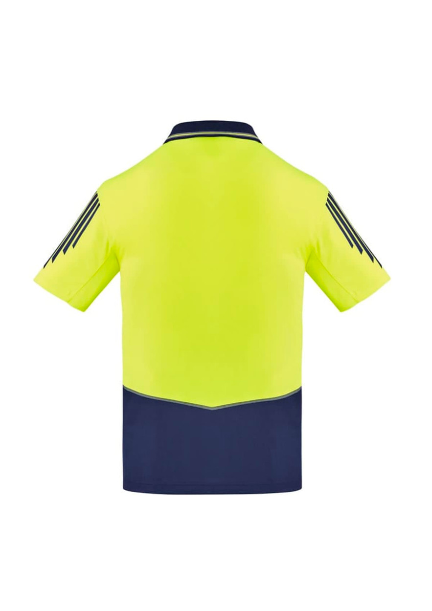 A men's short sleeve polo in hi-vis yellow with navy accents and a branded logo on the back.