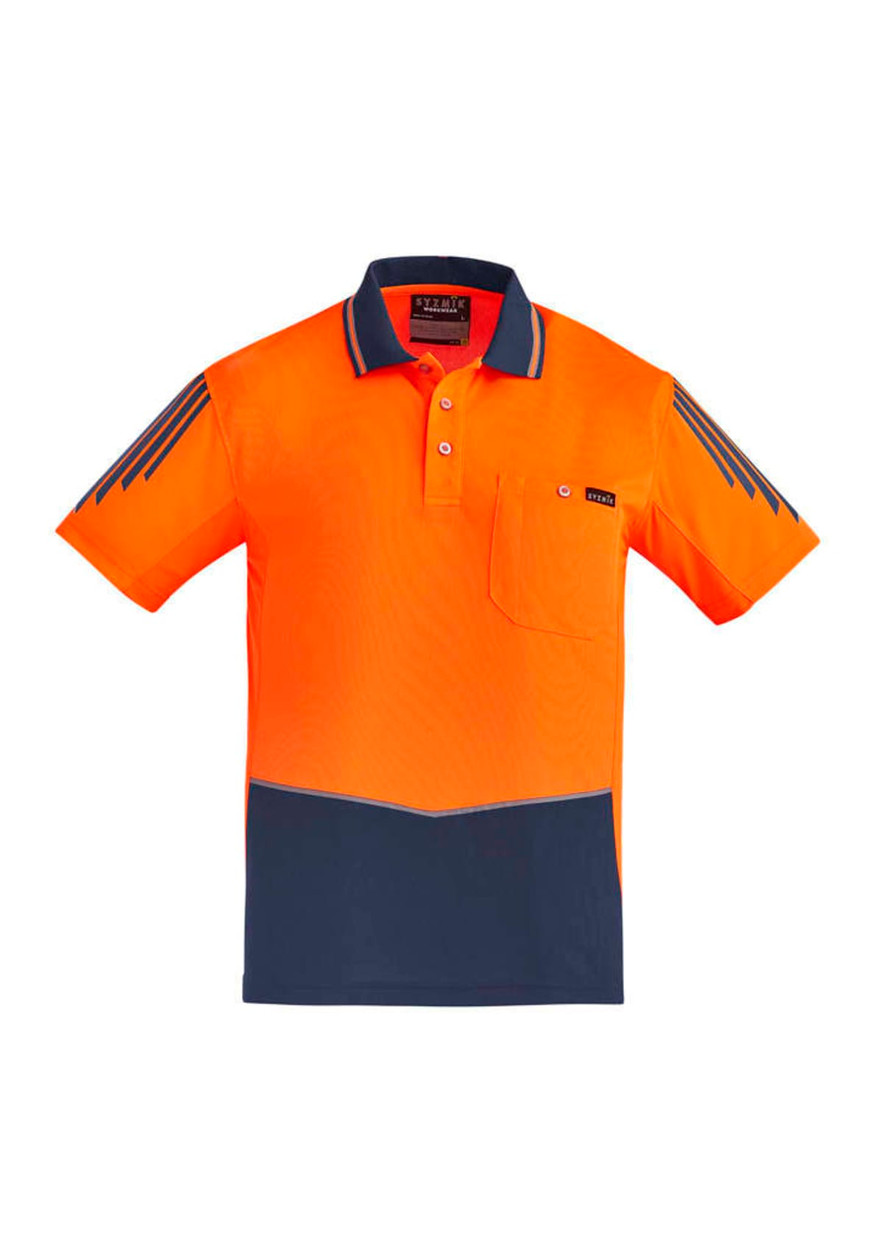 A bright orange short sleeve polo shirt with navy accents and a logo, designed for workwear.