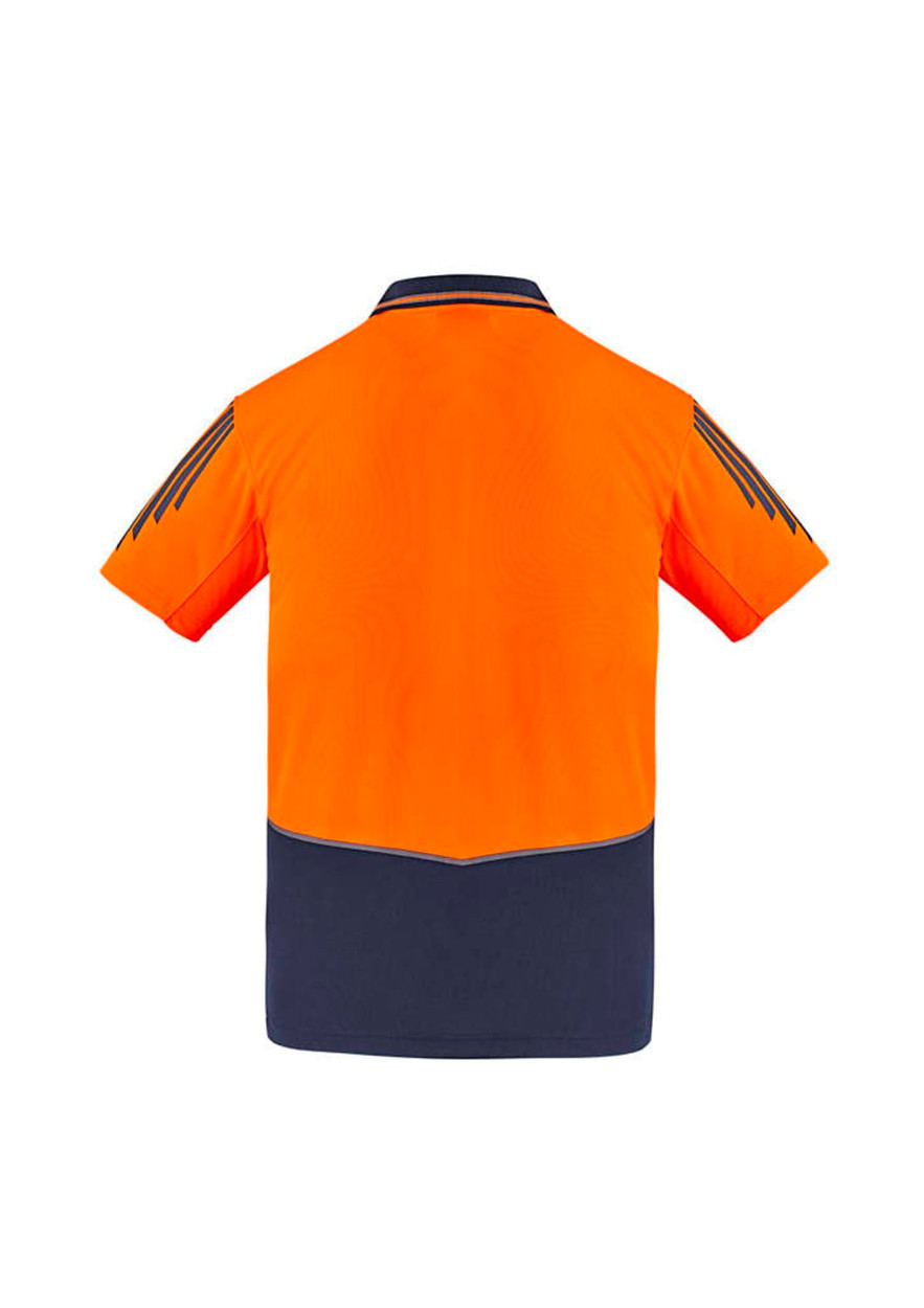 A short sleeve polo in orange and navy, featuring a logo on the front and sleek back design.