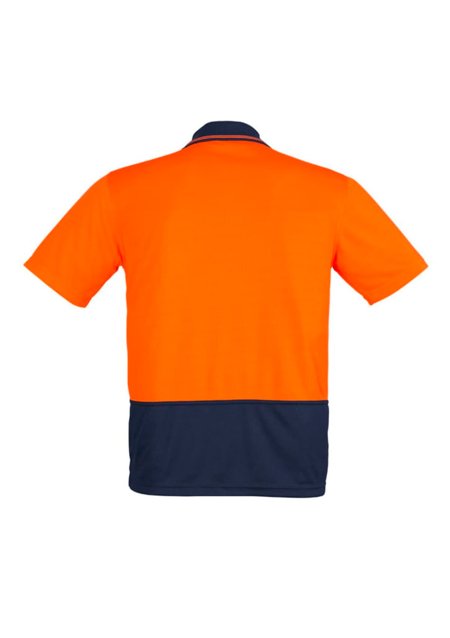 An orange and navy short sleeve polo shirt with a logo, designed for workwear.