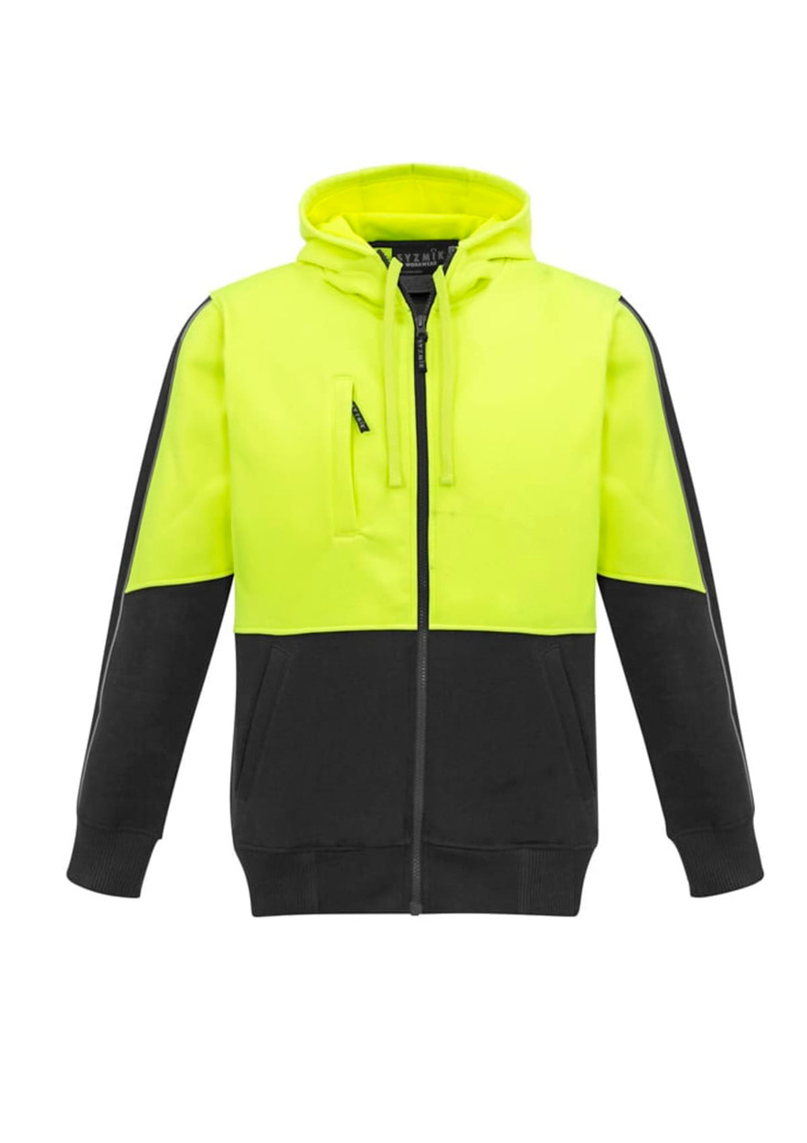 A unisex hi-vis full zip hoodie in bright yellow and black, featuring a front zip and a logo.