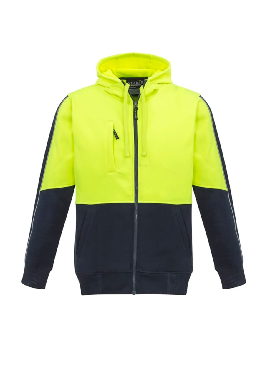 A unisex hi-vis full zip hoodie in bright yellow and navy, featuring a logo and zip pockets.