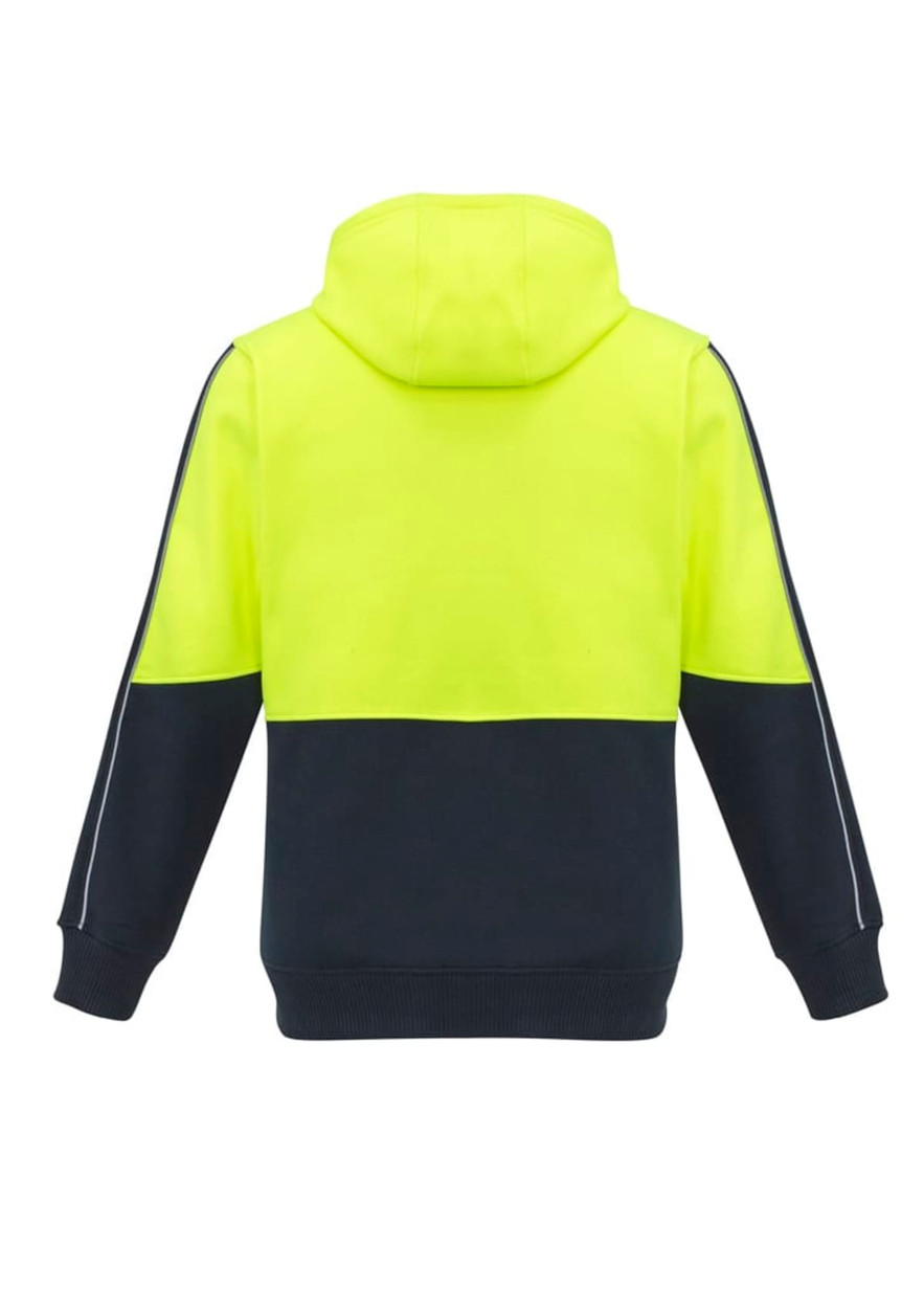 A unisex hi-vis full zip hoodie featuring a bright yellow upper section and navy lower section, with a logo on the back.