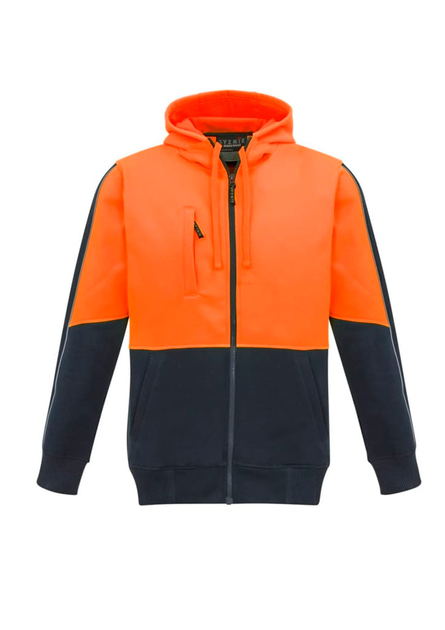 A unisex hi-vis full zip hoodie in bright orange and navy, featuring a zippered pocket and a logo.