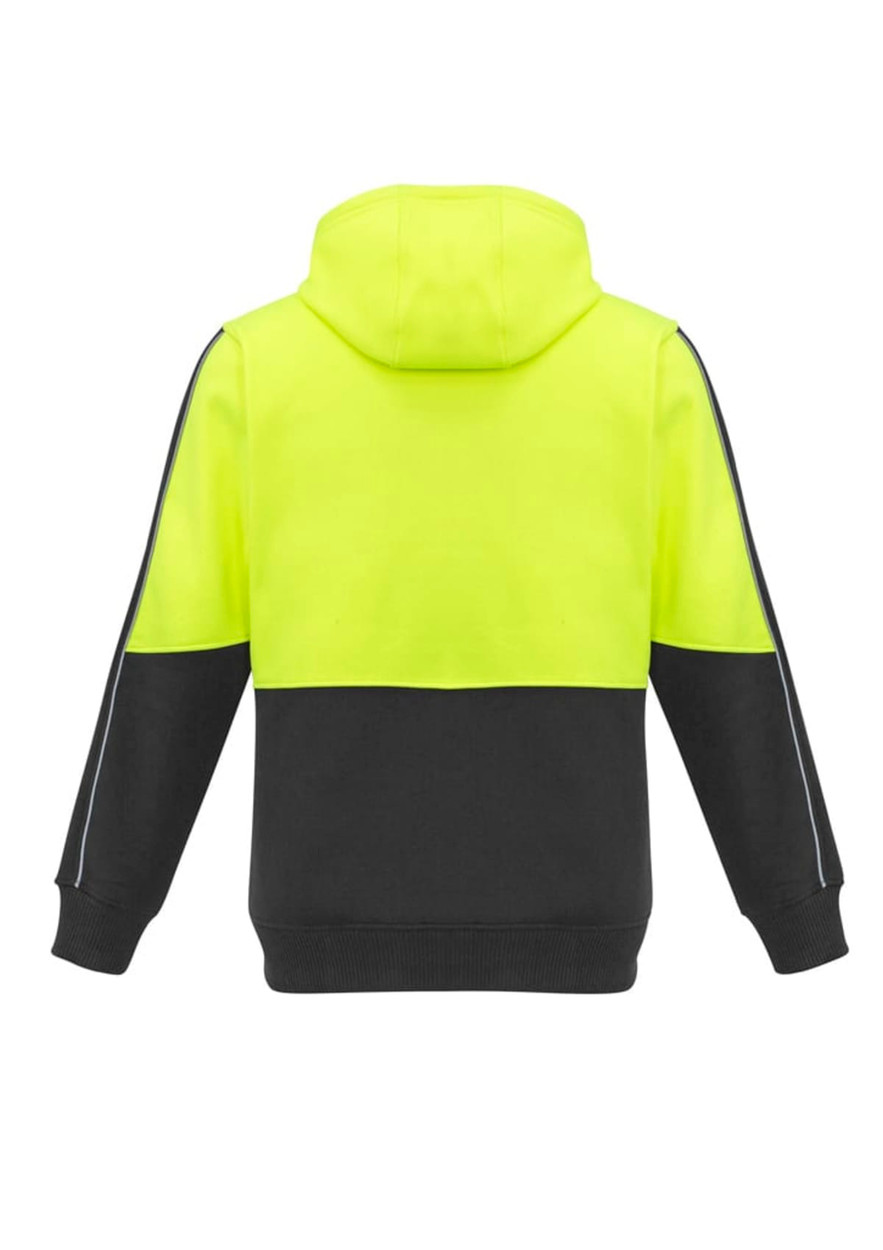 A unisex hi-vis full zip hoodie featuring a neon yellow upper and black lower portion, with a hood and branding.