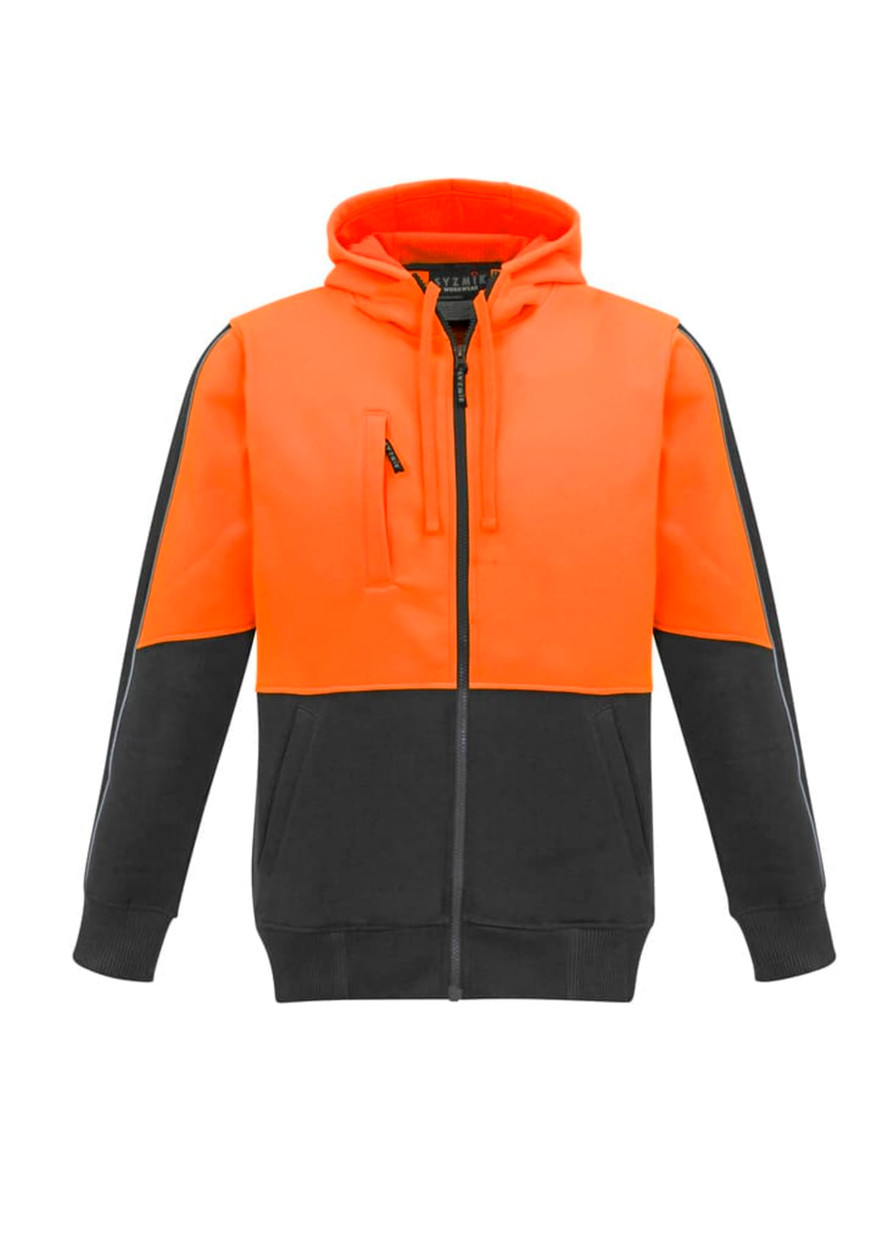 A unisex hi-vis full zip hoodie featuring a bright orange upper half and black lower half, with a zippered chest pocket and logo.