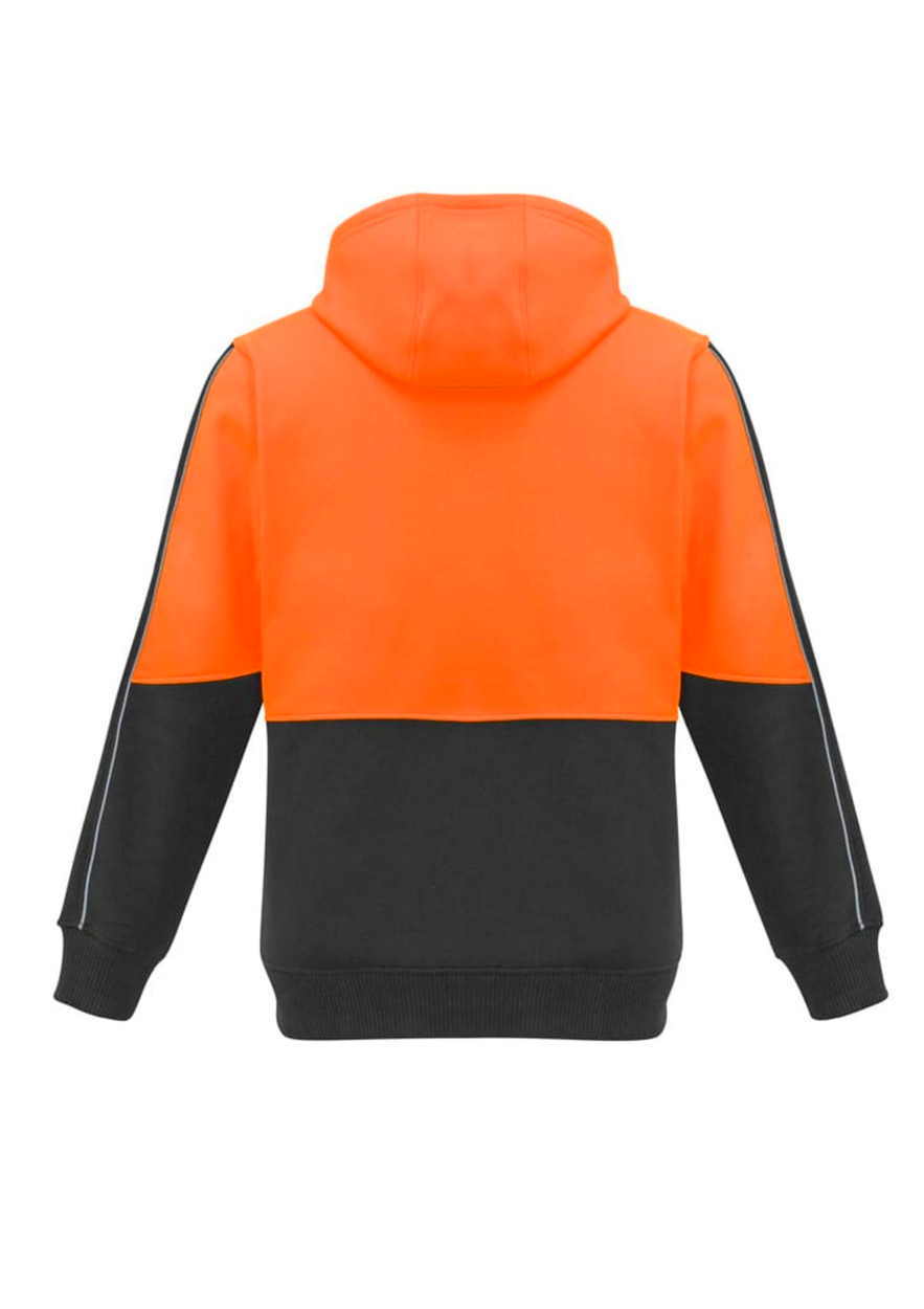 A unisex hi-vis full zip hoodie featuring an orange upper and black lower section, with a hood and a logo.