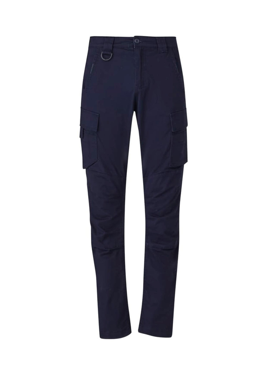 A pair of men's curved cargo pants in navy blue, featuring multiple pockets and a logo.