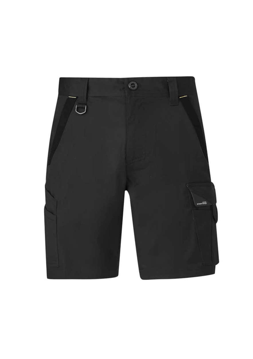 Black work shorts featuring multiple pockets and a logo, designed for durability and functionality.