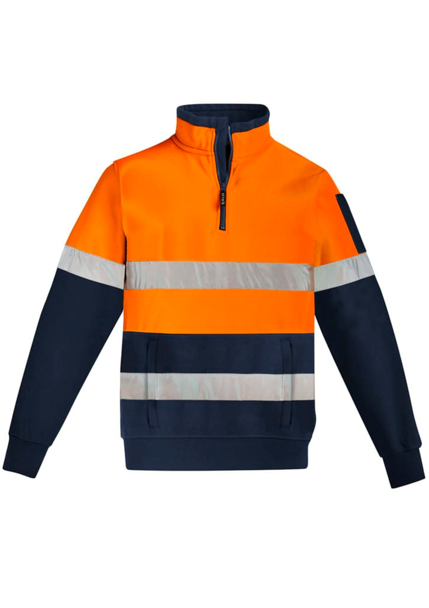 A unisex hi vis 1/4 zip pullover in orange and navy, featuring reflective hoop taping and a logo.