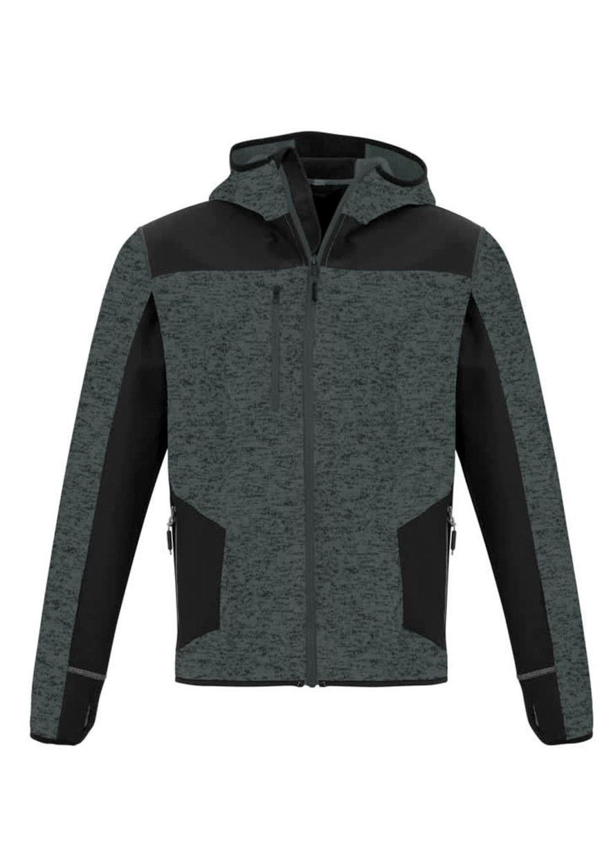 A green and black unisex reinforced knit hoodie with a zippered front and side pockets. Features branding on the design.