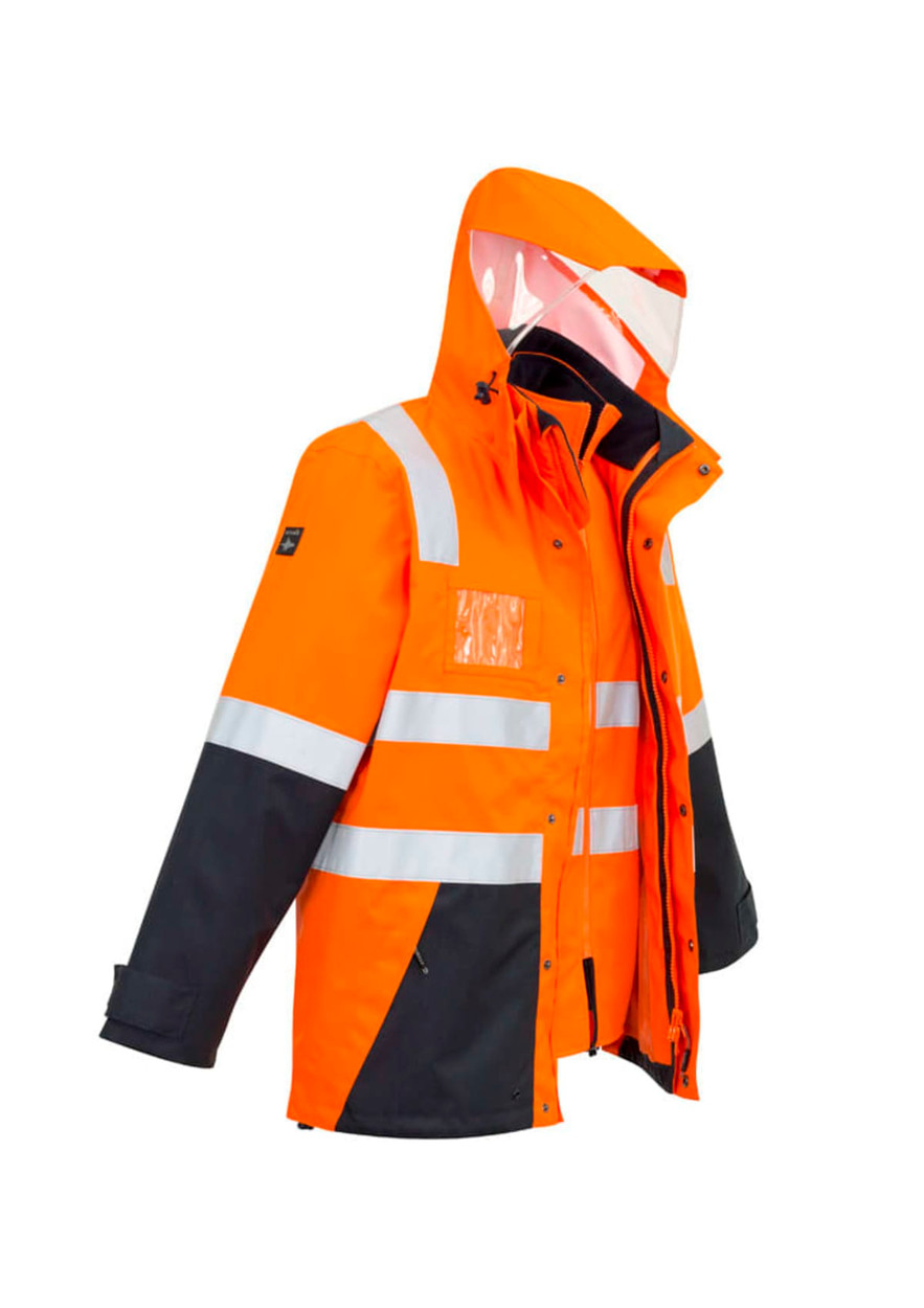 A men's hi-vis waterproof jacket in orange and black with reflective strips and a logo. Ideal for workwear.