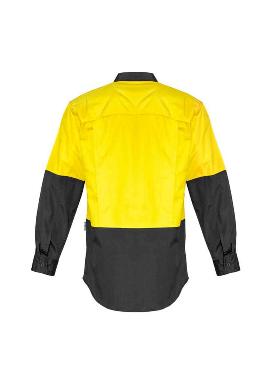 A long sleeve work shirt featuring a high-visibility yellow upper and black lower sections, with a logo.